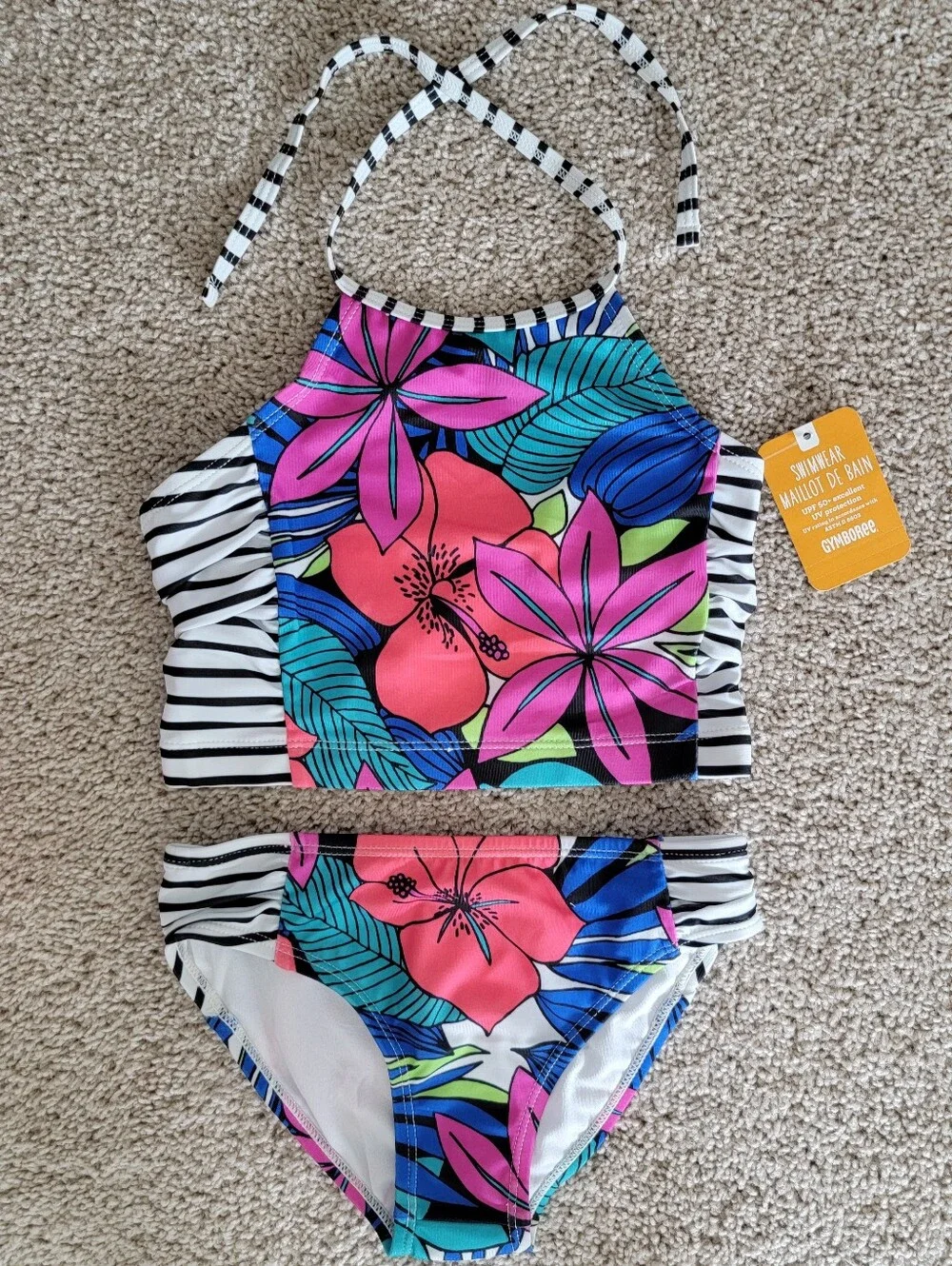 Gymboree Girls NWT Tropical Floral Striped Two Piece Swimsuit Set Size S 5-6
